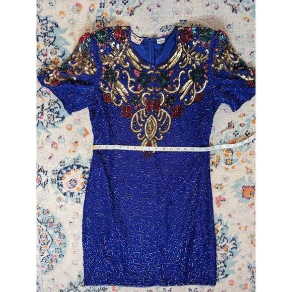 Vintage 80's Scala Royal Cobalt Blue Beaded Silk Cocktail Dress - PL - Picture 11 of 14